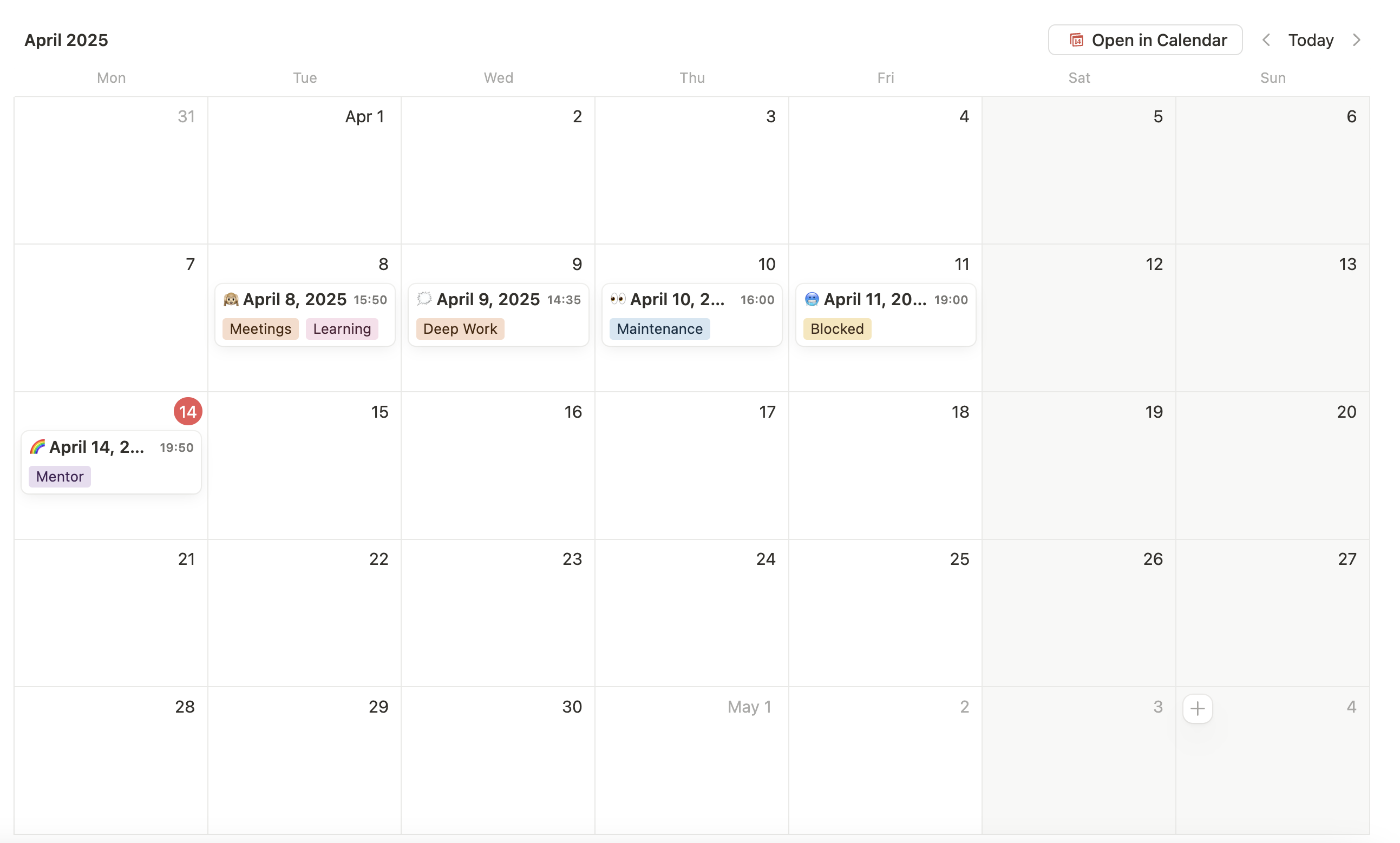 The calendar view in Notion with gj entries